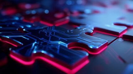 Glowing digital puzzle pieces symbolizing technology integration, problem solving, and innovation.