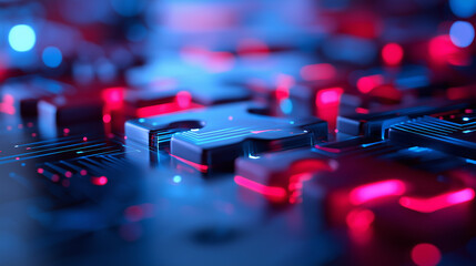 Glowing digital puzzle pieces symbolizing technology integration, problem solving, and innovation.
