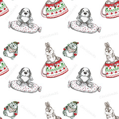 pattern con disegni di graziosi animali a tema natalizio, cane, coniglio, orso, illustrazione isolata