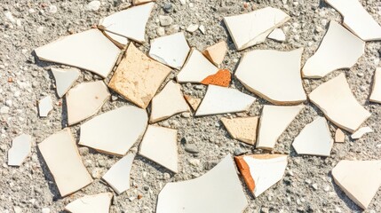 Broken ceramic shards form a fragmented mosaic scattered across a rough textured ground surface