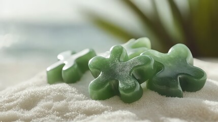 Carved green jade interlocking puzzle pieces resting on soft sand with blurred background