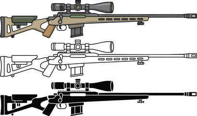 Sniper rifle silhouette & Outline and illustration set isolated on transparent background