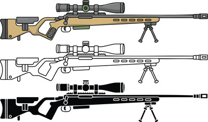 Sniper rifle silhouette & Outline and illustration set isolated on transparent background