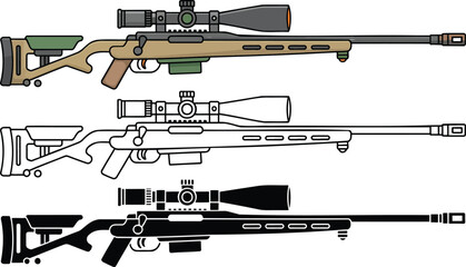Sniper rifle silhouette & Outline and illustration set isolated on transparent background