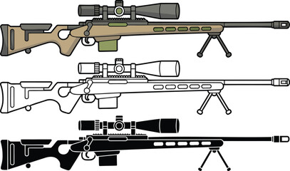 Sniper rifle silhouette & Outline and illustration set isolated on transparent background