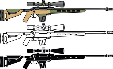 Sniper rifle silhouette & Outline and illustration set isolated on transparent background