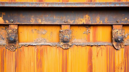 Close up of a heavily rusted and corroded metal access panel with peeling paint and visible signs of age and decay
