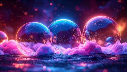 Abstract Glowing Spheres Floating in Cosmic Nebula.