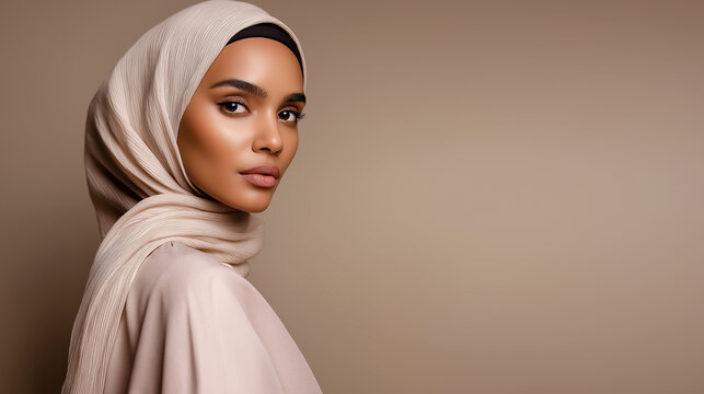 Portrait of a smiling young woman wearing a hijab against a soft pink studio background.
