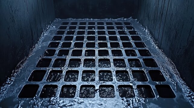 Close up of an oily residue coating a metal grating surface with a dark industrial texture