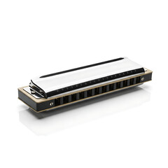 Sleek professional harmonica with polished chrome details and wooden accents on a clean white background