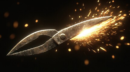 Close up of old weathered industrial grade wire cutters with bright orange sparks flying from hot metal jaws during cutting action