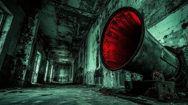 A deactivated emergency siren emits a faint red glow within a decaying industrial building corridor