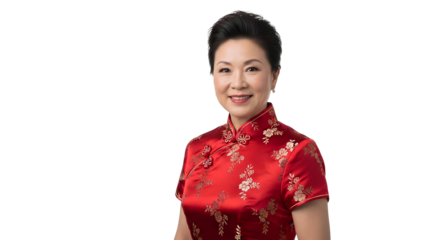 Smiling Asian woman in a traditional red cheongsam with gold floral patterns, looking confidently at the camera against a white background.
