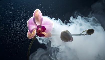 Orchid Flower Emerging from Mystical Smoke and Water Droplets.