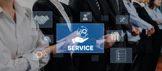 Engaging visual of a professional team standing together, symbolizing commitment to customer...