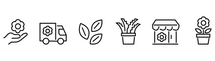 Floral icons set with delivery truck leaves potted plants and flowers