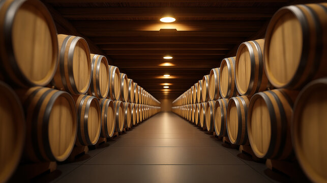 Row of wooden barrels aging wine in a warm, atmospheric cellar with shallow depth of field.
