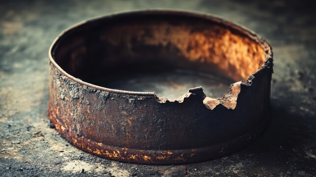 A deeply rusted and hollowed out metal barrel with a heavily corroded surface lying on the ground