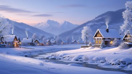 A Picturesque Alpine Village Nestled in a Snowy Valley at Dawn, Featuring Cozy Cottages with Smoking Chimneys, a Winding Partially Frozen Creek, and Majestic Sharp Peaks Under a Soft Pastel Sky