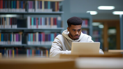 Focused young man working on a laptop while studying in a modern library.
