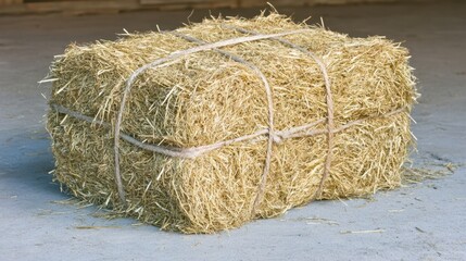 A dense bundle of dry brittle hay, its golden color faded, is tightly secured with rope and resting on a concrete surface in a close up view