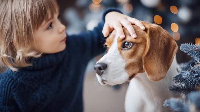 Child Petting a Dog: Tender moment captured as a child affectionately pets a gentle dog, creating an environment of companionship and happiness.