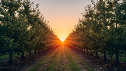 A serene sunrise over a symmetrical fruit orchard (likely apple trees) with golden light rays and fallen fruit on the ground, perfect for agriculture and nature themes
