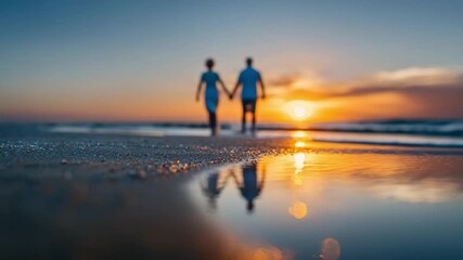 Boundless Love at Sunset: A silhouette of a couple strolling hand-in-hand along the serene beach, with the warm hues of the setting sun casting a romantic glow. Capturing love, togetherness.