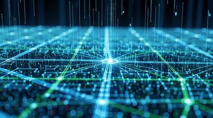 Futuristic digital data network grid with glowing connections and falling particles, abstract cyber technology background animation loop, sci fi matrix tech visualization perfect for modern - Powered by Adobe