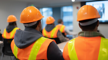 Industrial workers wearing safety helmets attending a training or briefing indoors.
