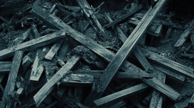 A dense pile of weathered and broken wooden debris with a dark, textured appearance