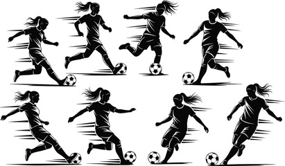 Black silhouettes of female soccer players dribbling and kicking ball set isolated on white background, womens football sports action collection © Afsun