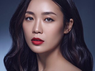 Elegant Portrait of an Asian Woman with Red Lipstick and Wavy Hair