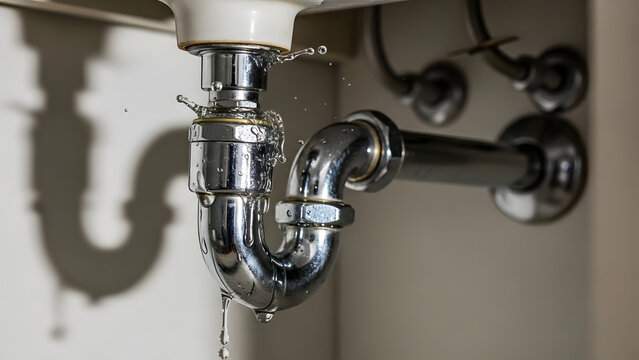 Water leaking from chrome metal pipe under bathroom sink in close up view showing spray and droplets for plumbing problem concept or household emergency repair maintenance illustration