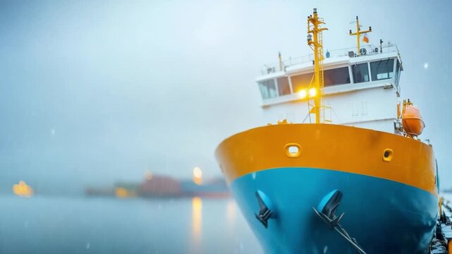 A Coastal Vessel's Vigil: A sturdy vessel stands sentinel, a splash of vibrant hues against the backdrop of a muted coastal scene, ready to traverse the maritime expanse. 