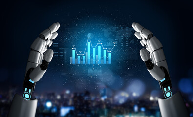 A stunning scene of robotic hands presenting vibrant data analytics, emphasizing the integration of technology and digital innovation against a city backdrop. Scalp