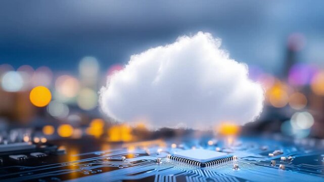 Cloud Computing Innovation: A luminous cloud hovers over a computer circuit board, hinting at the vastness and interconnectedness of cloud computing. This scene blends technology and imagination.