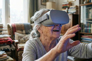 Happy Senior Woman Wearing VR Headset for Virtual Reality Fun
