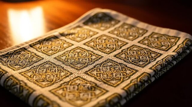 Close-up of a folded textile with intricate Celtic knot patterns.