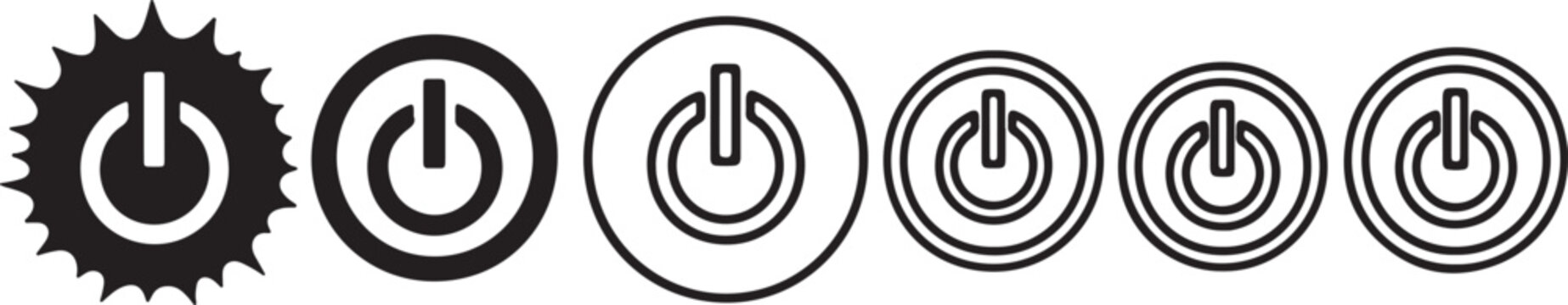 Black and white gear and power button with varying outlines and styles also transparent background