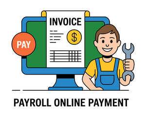 A smiling man in overalls holds a wrench next to a computer screen displaying an invoice for online payroll payment.