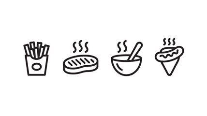 Food icons in simple line art style with black outline on white background for menu design