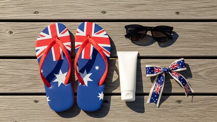 Australian summer essentials: flip-flops, sunscreen, and sunglasses ready for the beach. Australia day flip flops image for seasonal marketing, holiday lifestyle promotion