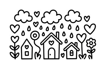 A whimsical doodle depicts houses, flowers, hearts, and rain clouds, creating a charming scene.