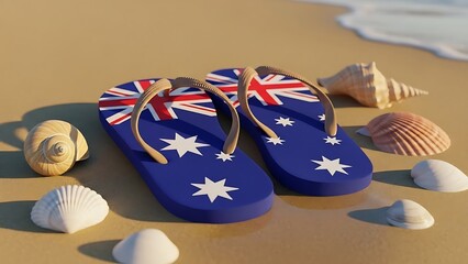 Australian flag flip-flops surrounded by seashells on a sandy beach. Australia day flip flops image for seasonal marketing, holiday lifestyle promotion