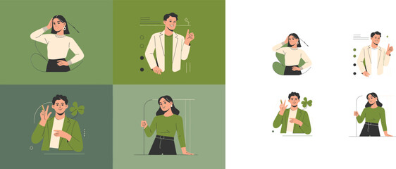A vibrant collection of cartoon people with various expressions and gestures celebrating Irish holiday