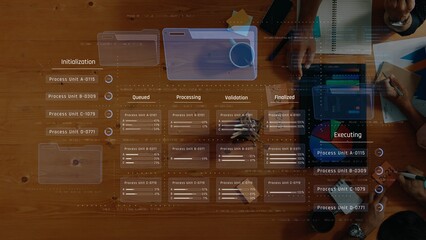 This image showcases a digital workflow management dashboard illustrating various process statuses and performance metrics to facilitate effective team collaboration and task management. Raster