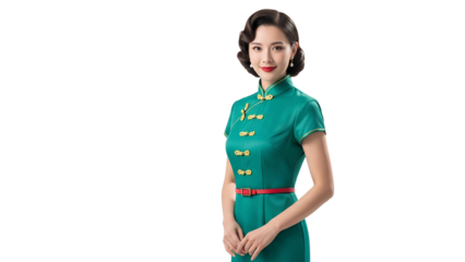 A beautiful Asian woman in a green cheongsam with a red belt smiling elegantly against a white background.