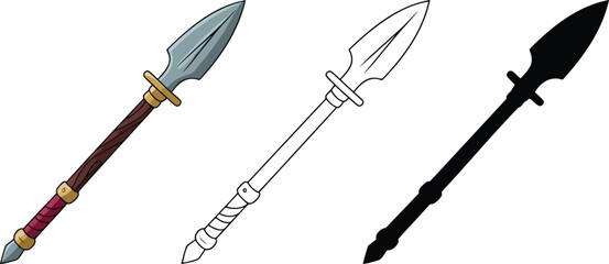 Spear silhouette & Outline and illustration set isolated on transparent background
